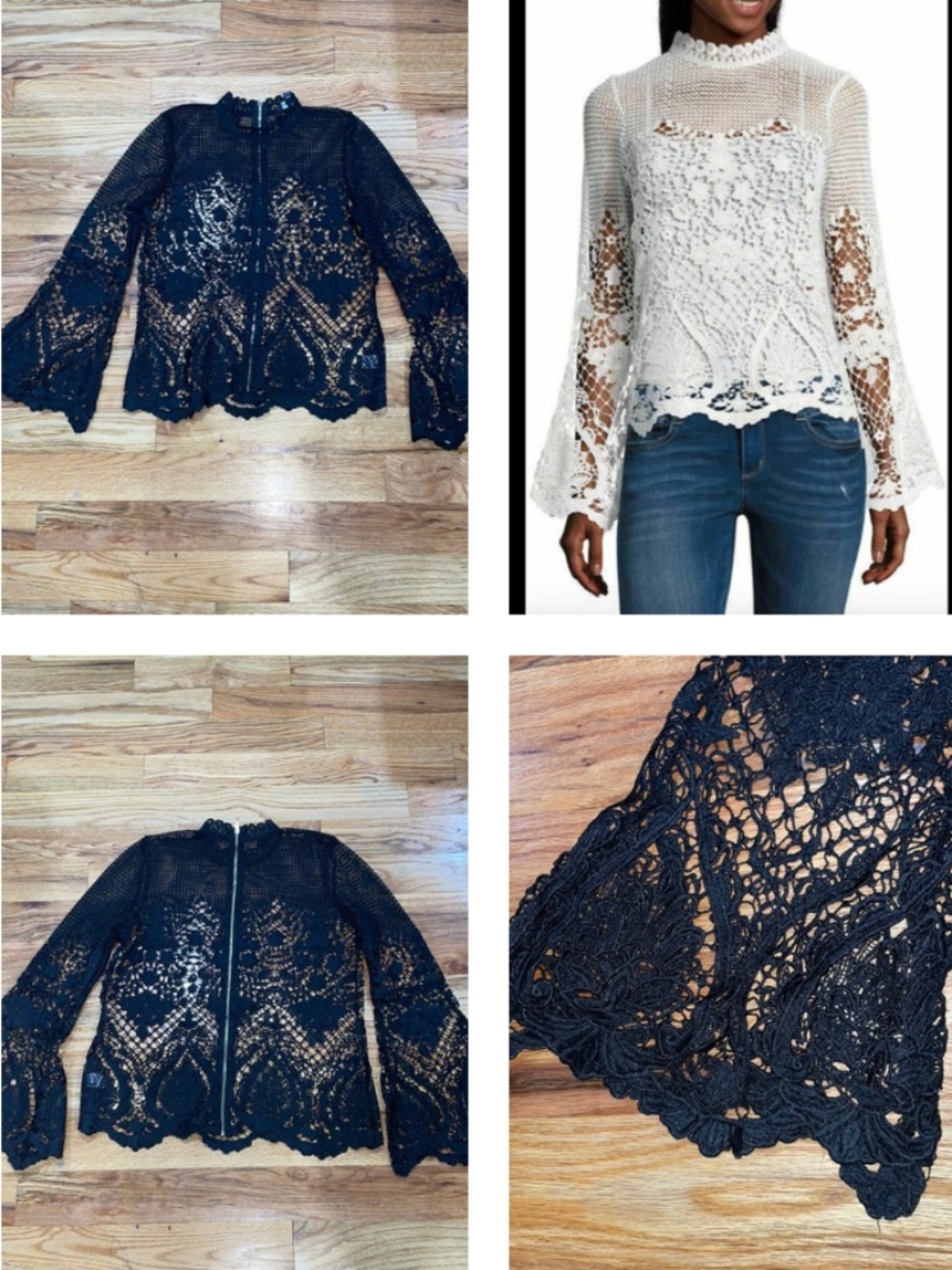 New BOHO Project Runway  Bell Sleeve Lace Unlined Black Lace  Top M